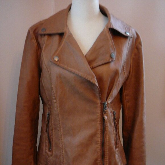 Max Studio Camel Cognac Tan PU Leather Moto Coat Zip Jacket  Size-Size Medium - Picture 1 of 5